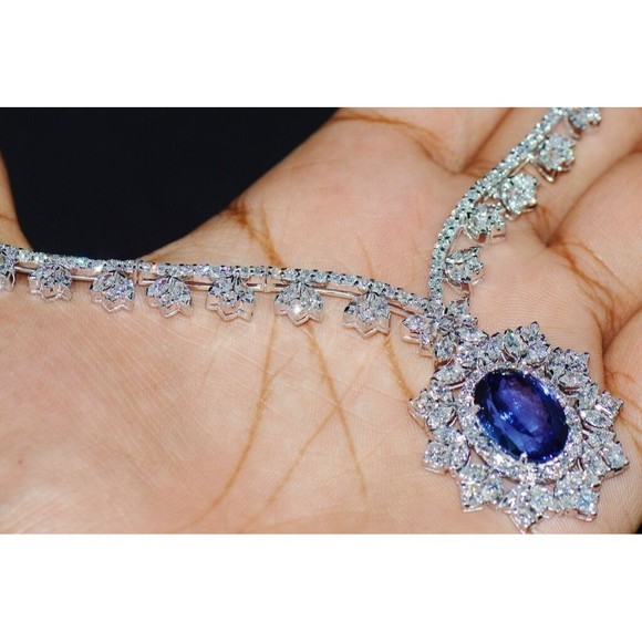 GIA Certified Natural 26.9CTS VS F Diamond Tanzanite 18K Solid Gold Necklace - Picture 11 of 12